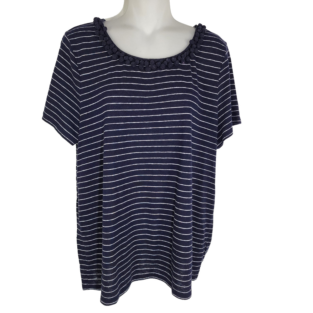 Talbots Women’s Top Size XL Navy Blue Stripe Pom Poms Linen Blend Short Sleeve